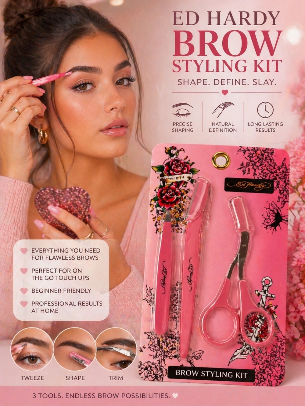 Ed Hardy Pink Brow Styling Kit – Tattoo Rose Design 💕 Y2K Beauty – New
